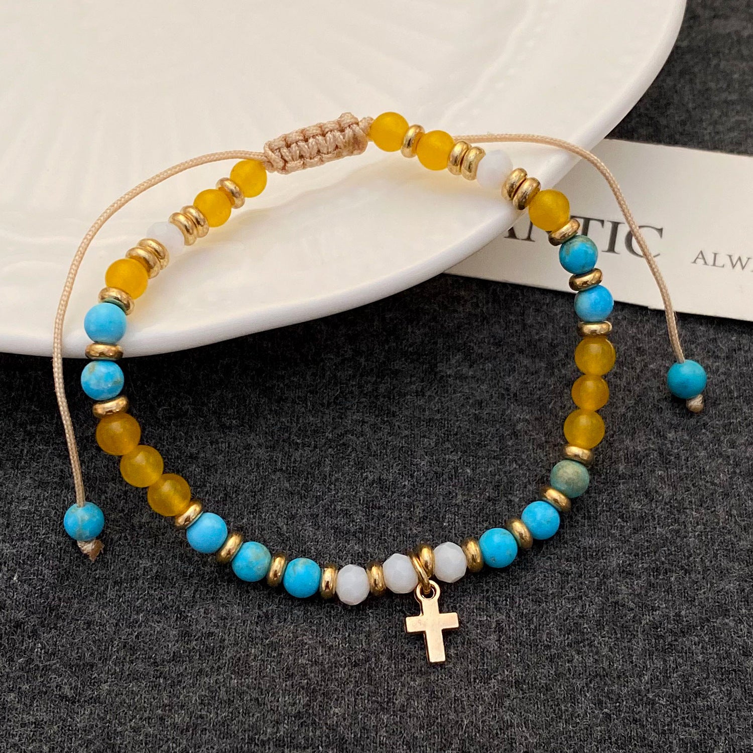 Wholesale Bohemian colored gemstone beaded cross bracelet braided pull-out hand jewelry